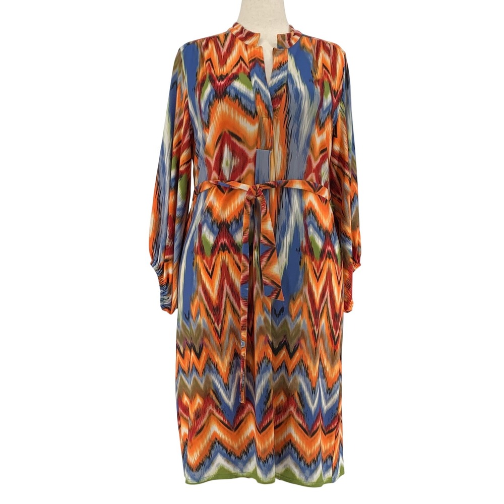 NY Collection XL Orange Blue Ikat Chevron Split Neck Belted Midi Dress XITD1101